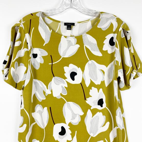 Ann Taylor Green Retro Floral Split Shoulder Wrinkle Resistant Top Womens Sz M - Picture 4 of 12